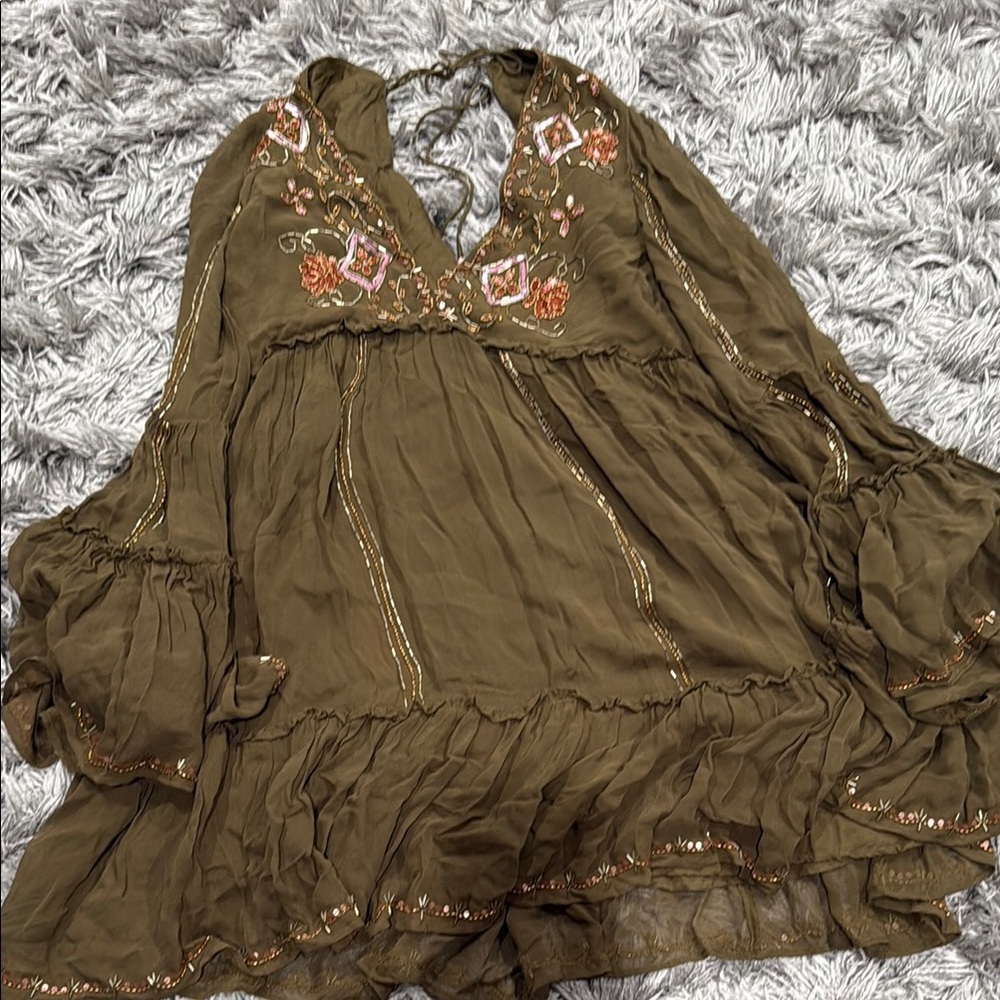 Free People Green Embellished Ruffled Blouse